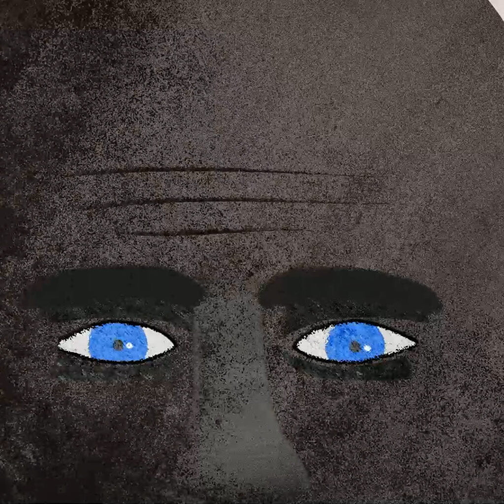 Grey face with open blue eyes
