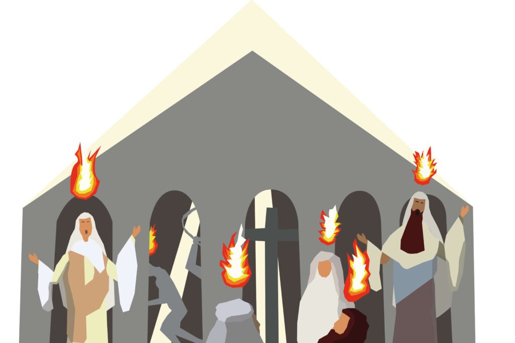 People with tongues of fire above their heads illustration