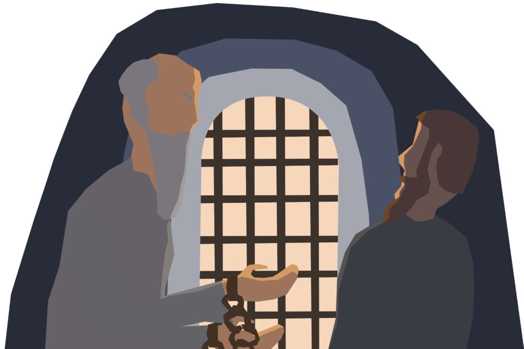 Men talking in prison illustration